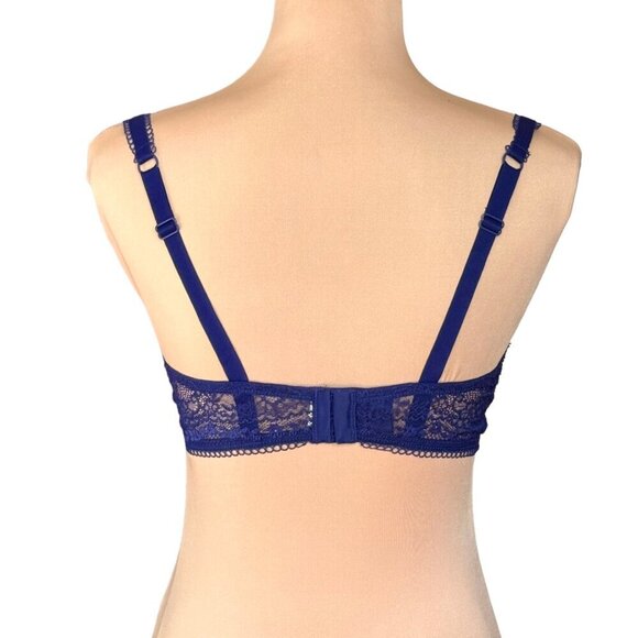 NWOT Lou Paris Satin T-Shirt Bra Sz.E Blue Lace Underwire Sexy Lingerie Feminine - Picture 3 of 10
